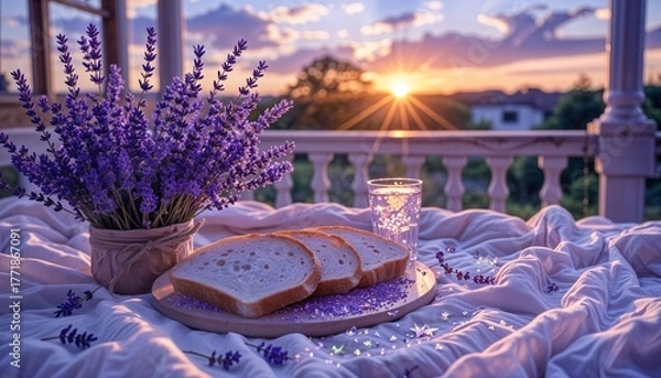 Fototapeta Fresh bread slices and lavender bouquet on table at sunset  