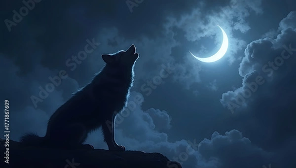 Obraz Lone Wolf Under Full Moon in Forest Night