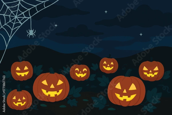 Fototapeta Pumpkin Patch with Glowing Jack-O-Lantern Faces and Spider Web