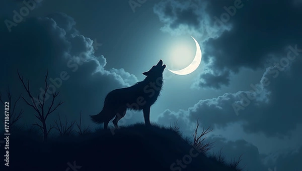 Obraz Lone Wolf Under Full Moon in Forest Night