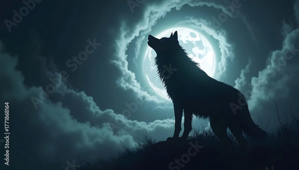 Obraz Lone Wolf Under Full Moon in Forest Night