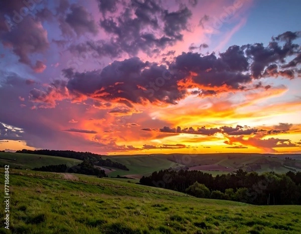 Obraz Vibrant Sunset Over Rolling Green Hills - A Scenic Landscape.