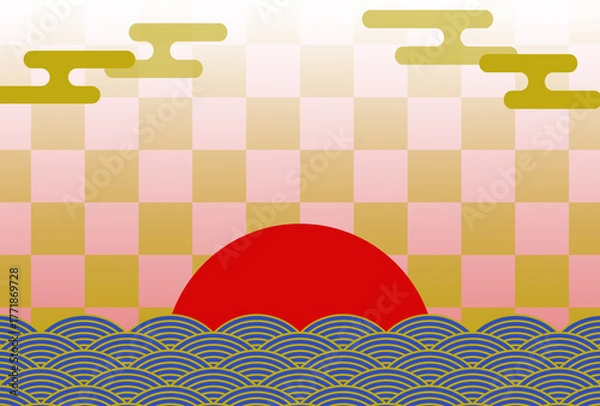 Obraz 年賀状の背景素材　和風グラフィック　初日の出（1）　ピンクと青　ヨコ