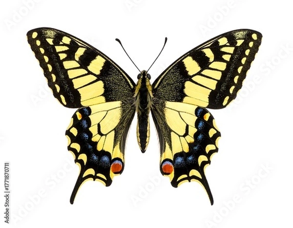 Obraz Vibrant Swallowtail Butterfly Illustration with Detailed Wing Patterns on White Background.