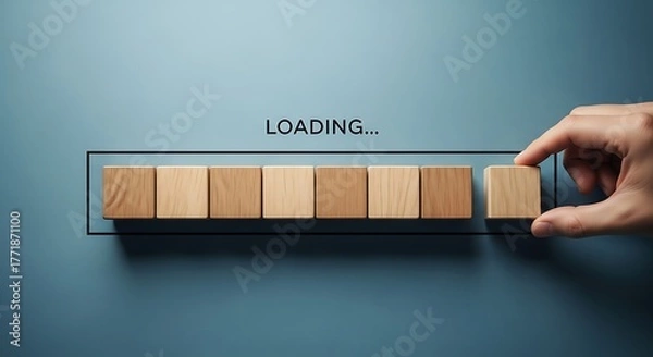 Fototapeta Hand placing last wooden block on loading bar, progress concept