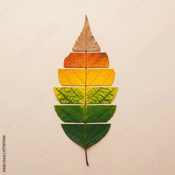 Fototapeta A leaf showing the progression of seasons from green to brown
