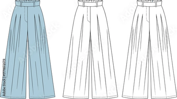 Fototapeta High waist wide leg pants fashion flat sketch, pleated trouser technical drawing, women garment design vector illustration with belt detail