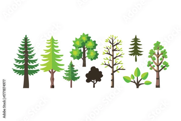 Fototapeta Variety of Green Trees: A collection of stylized trees in varying shapes and sizes, each showcasing a vibrant shade of green and unique form, set against a simple backdrop.
