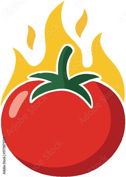 Fototapeta Flat red tomato with yellow flame vector, symbolizing freshness and spice. Great for organic food logos, vegetable branding, and restaurant design visuals.
