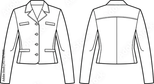 Fototapeta Women fitted blazer jacket flat sketch with notched lapel collar, front buttons, flap pockets, long sleeves, formal fashion vector illustration