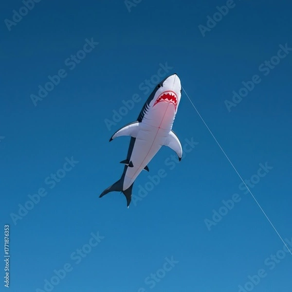 Fototapeta An impressive shark kite flies high, showcasing its dynamic form and vibrant colors against a wide-open, endless blue expanse overhead ,shark ,creature ,above