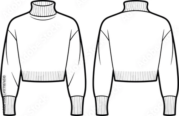 Fototapeta Women's long sleeve turtleneck sweater flat sketch front and back view, winter knitwear fashion design, CAD drawing vector illustration