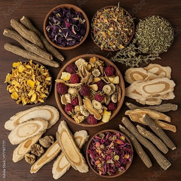 Fototapeta An inviting arrangement of diverse dried herbs, roots, and flowers, meticulously prepared for traditional wellness practices on a rustic wooden surface ,texture ,pestle ,ancient