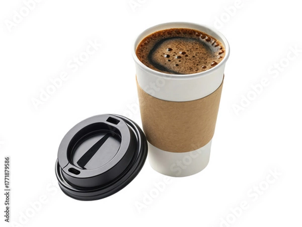 Fototapeta Aromatic coffee in a disposable cup with lid isolated on transparent background, offering a convenient and flavorful beverage experience for onthego enjoyment and quick refreshment