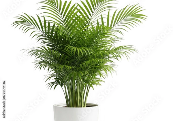 Fototapeta Vibrant green areca palm tree in a modern white pot isolated on black isolated on transparent background