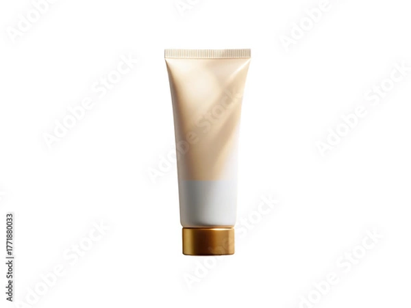 Fototapeta Closeup of a beige and white cosmetic tube with a golden cap, isolated on transparent background, perfect for showcasing beauty products and skincare essentials in a minimalist style