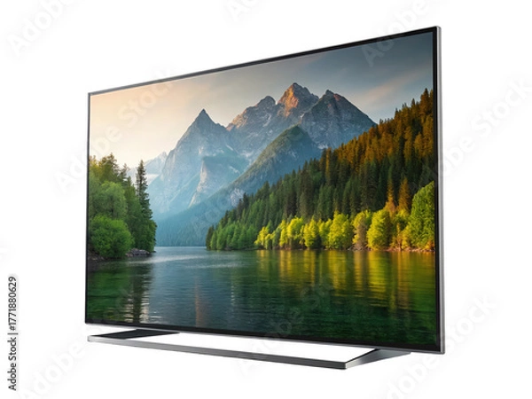 Fototapeta Modern flat screen television displaying a picturesque mountain landscape with a serene lake and lush green forest, isolated on transparent background