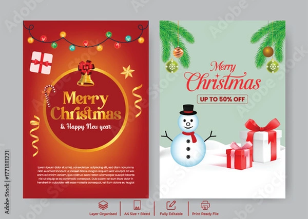 Fototapeta Editable Print Ready A4 Poster and Flyer Template for Christmas and Happy New Year Festive Celebration, Holiday Party, Sale, Discount, Brochure for Promotion with 3d snowman, gift box illustration