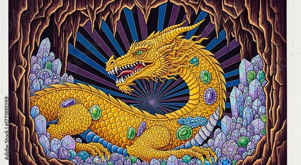 Obraz A majestic golden dragon with sparkling emeralds and sapphires rests regally amidst an enchanting crystalline cavern, bathed in a mystical, radiant glow