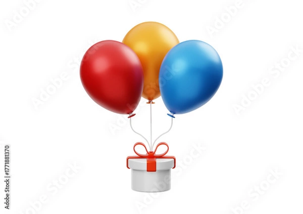 Obraz Gift box with balloons isolated on transparent background for birthday celebration
