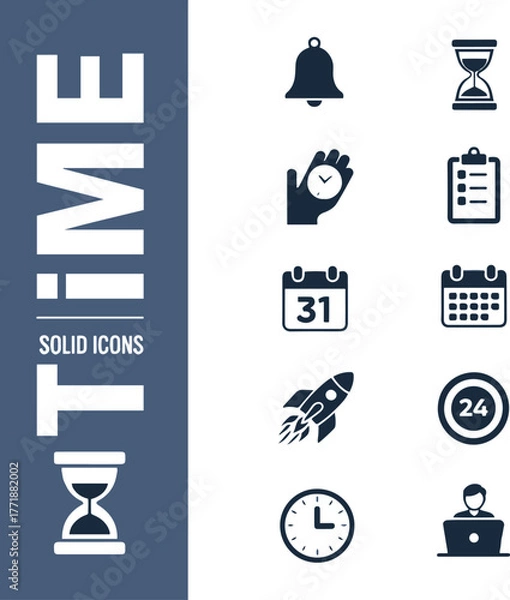 Fototapeta Time management solid icon set, blue and white minimal vector with clocks and calendars