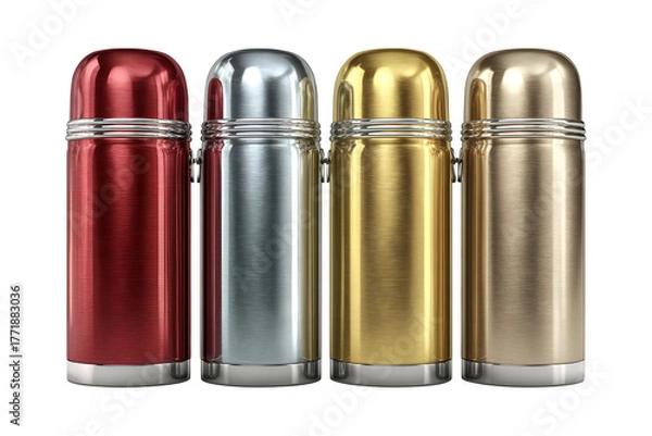 Fototapeta Four stylish metallic thermoses in red silver gold and bronze reflecting light on a neutral background isolated on transparent background