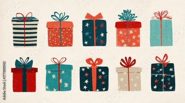 Fototapeta A collection of ten stylized, illustrated gift boxes wrapped with patterned paper and bows, featuring a color palette of red, blue, and teal on a light textured background.