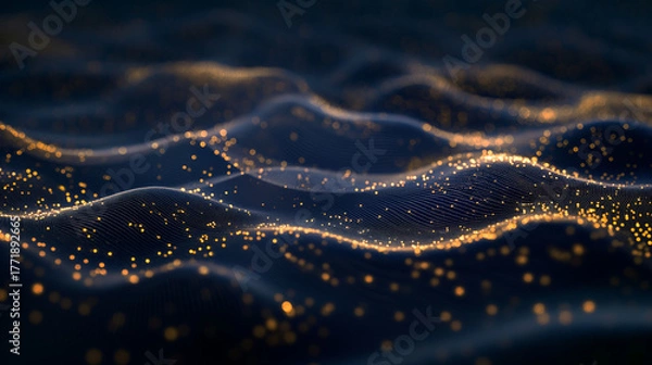 Obraz Abstract Glittering Waves: An immersive close-up of flowing, ethereal waves, with a captivating display of shimmering golden particles dancing across the fluid forms, evoking a sense of cosmic beauty.