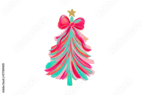 Fototapeta Christmas Brushstroke watercolor Whimsical Christmas tree illustration with a pink bow and gold star Sublimation Design