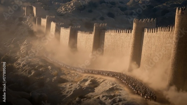 Fototapeta Bird’s-eye view of the walls of Jericho collapsing after seven circuits by the Israelite army led by Joshua.