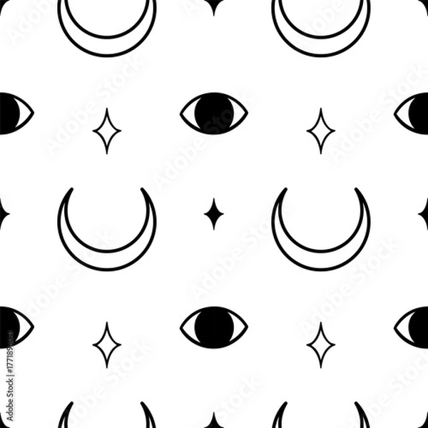 Obraz Esoteric seamless pattern with crescent moon, eyes, and stars. Vector illustration for fabric, wrapping paper, scrapbook, or wallpaper. Celestial design for textile. 