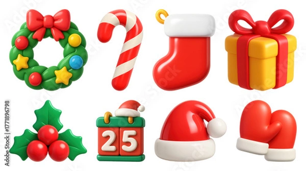 Fototapeta PNG Festive holiday icons in 3D, element set on transparent background
