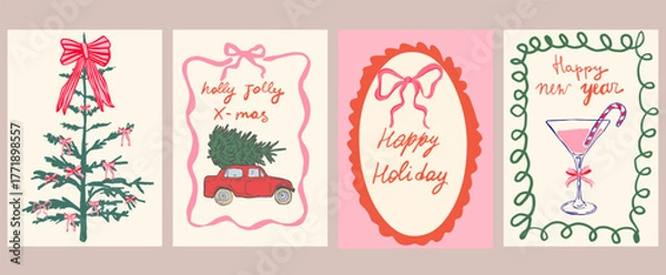 Fototapeta Set of Christmas greeting cards and party invitations in hand drawn vintage style, featuring mistletoe, gifts, Christmas tree, candles,bows and champagne, in pink, red and green colors, vector
