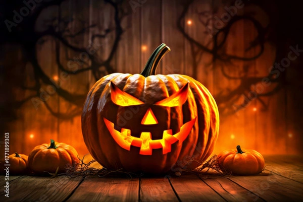 Fototapeta Halloween. Pumpkin. Spooky carved pumpkin with menacing face is illuminated from within, surrounded by smaller pumpkins, set against dark background with eerie shadows and warm, glowing ambiance
