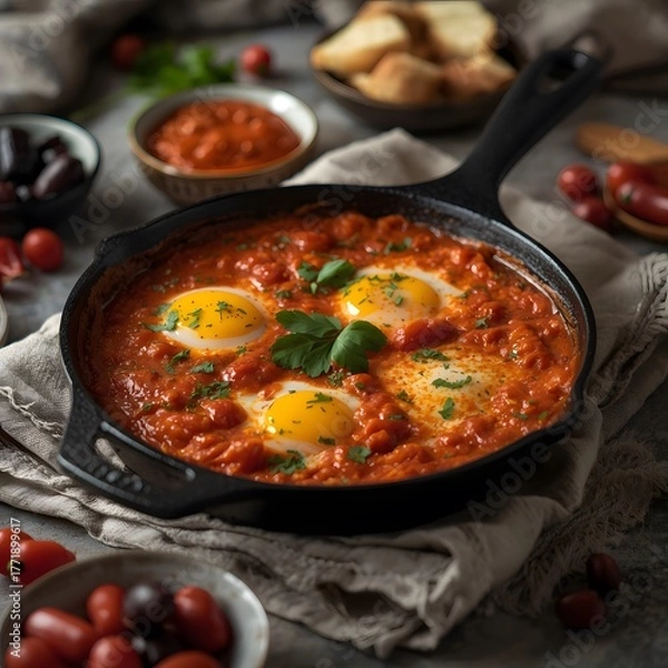 Fototapeta Delicious shakshuka with vibrant tomatoes, eggs, and herbs - a tempting Mediterranean breakfast or brunch, perfect for food blogs and culinary projects