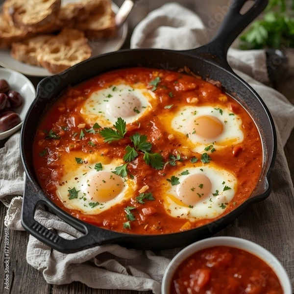 Fototapeta Enjoy a vibrant shakshuka breakfast with perfectly poached eggs simmered in rich tomato sauce, topped with fresh herbs, and served with crusty bread