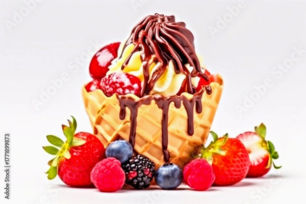 Fototapeta Delicious ice cream cone filled with creamy vanilla ice cream, drizzled with rich chocolate sauce, surrounded by fresh strawberries, raspberries, and blueberries, creating vibrant dessert scene
