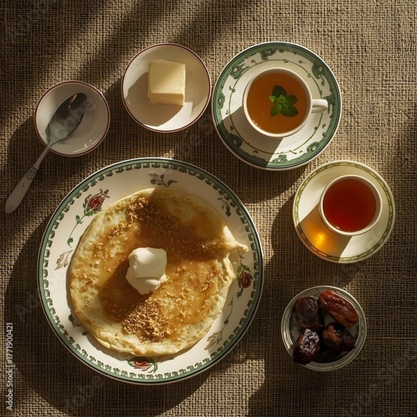 Fototapeta Enjoy a delicious pancake breakfast with tea and dates in the warm morning light, perfect for a cozy start to your day or a relaxed weekend brunch