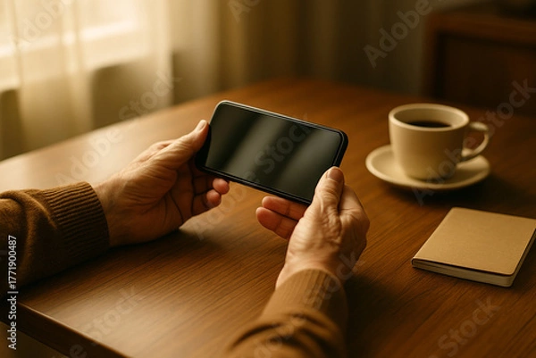 Obraz Elderly person holding smartphone at wooden table with coffee cup and notebook. Warm light, home atmosphere, digital lifestyle and communication.