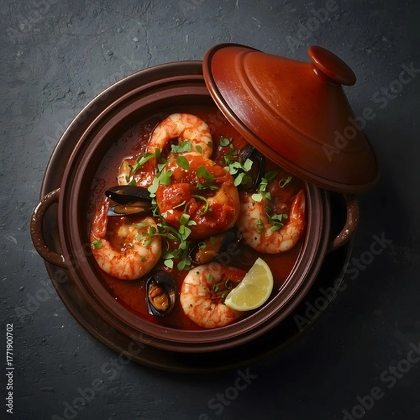 Fototapeta Savory seafood stew with plump shrimp and mussels in rich tomato sauce, garnished with fresh parsley and lemon wedge, served in rustic terracotta pot.