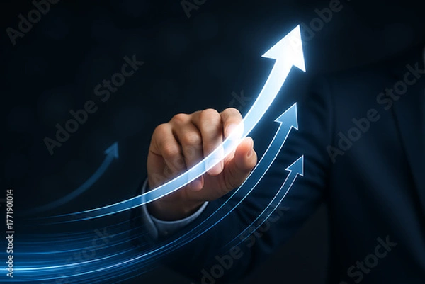 Fototapeta Business growth concept: businessman hand touching abstract glowing arrow showing success, progress, and financial increase on dark background