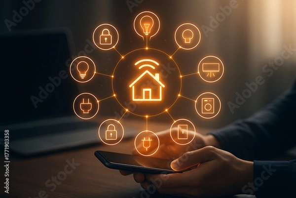 Fototapeta Hand holding a phone controls a smart home system, illustrated by glowing icons for security, lighting, heating, and household appliances.