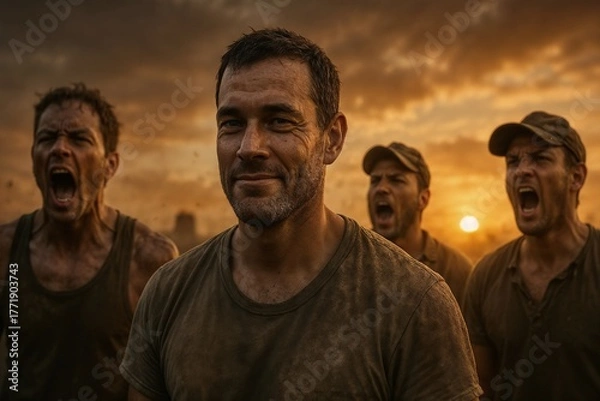 Fototapeta Courage and Resilience: A Group of Soldiers in a Dramatic Sunset