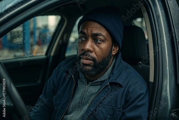 Fototapeta Contemplative Man Sitting in a Car with a Thoughtful Expression
