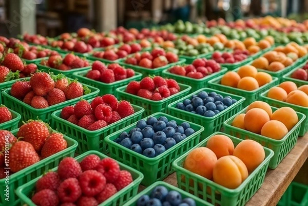 Fototapeta Colorful Display of Fresh Berries and Fruits in Green Baskets at Market