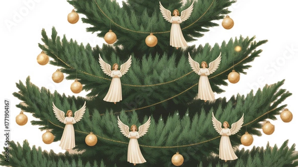 Fototapeta Classic Christmas Tree with Golden Ornaments and Angels on Transparent Background