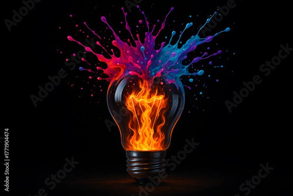 Fototapeta Light bulb filled with fire and flames, exploding with colorful paint splatters, illustrating explosive creativity, energy, and brilliant ideas