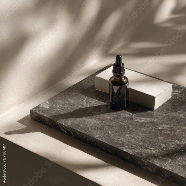 Fototapeta Chiaroscuro Still Life of a Serum Bottle on a Marble Slab with Botanical Shadows.