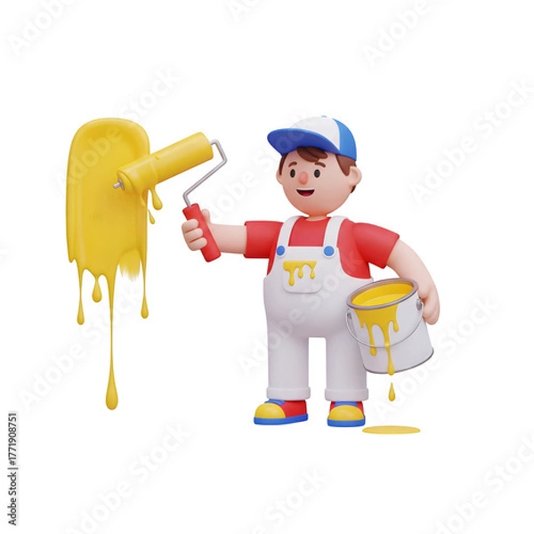 Obraz Painter applying yellow paint with roller and bucket