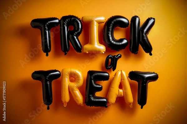 Fototapeta a spooky Halloween “Trick or Treat” sign made from helium balloons